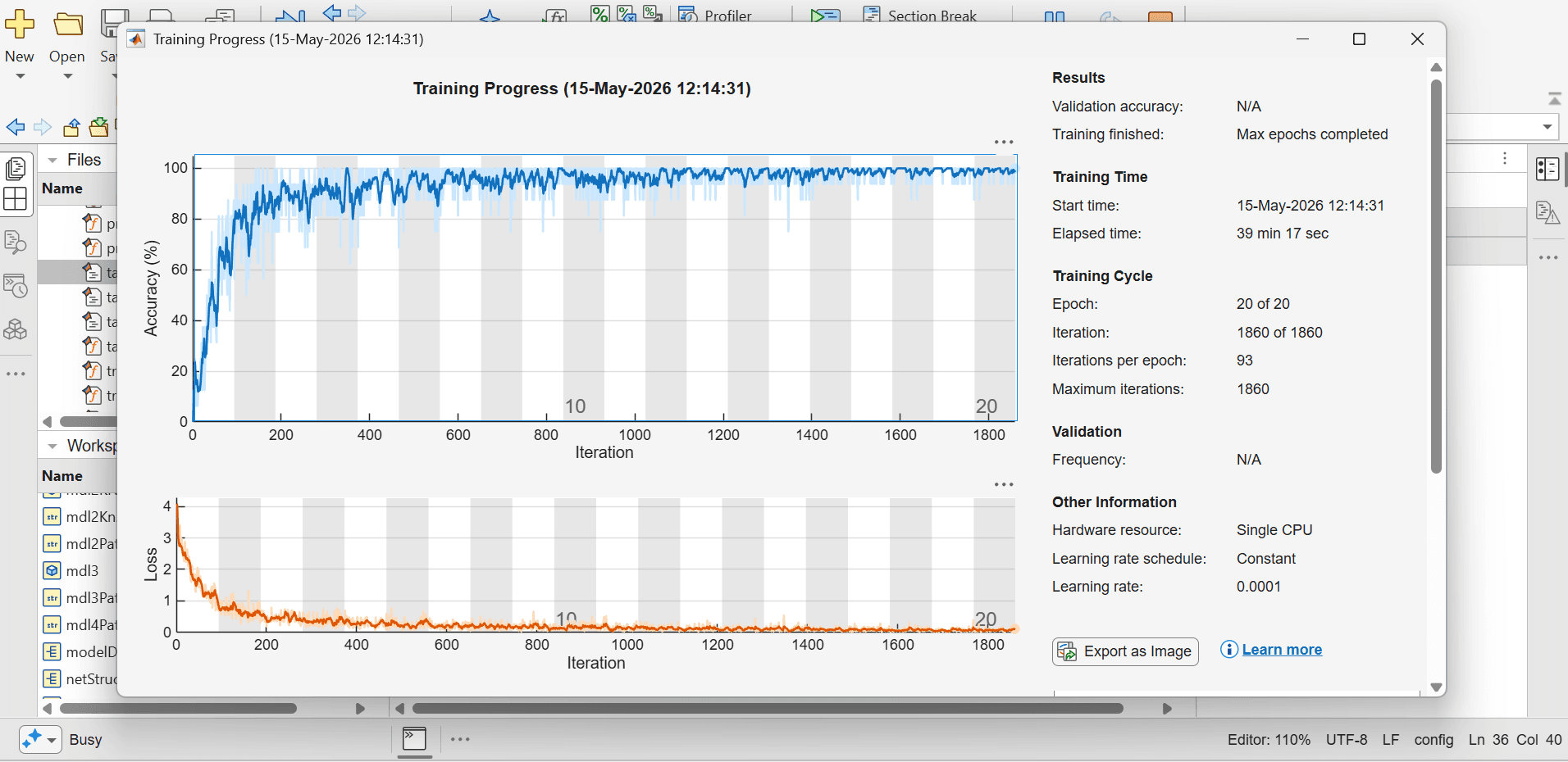 MATLAB training progress output for the Image Categorisation project