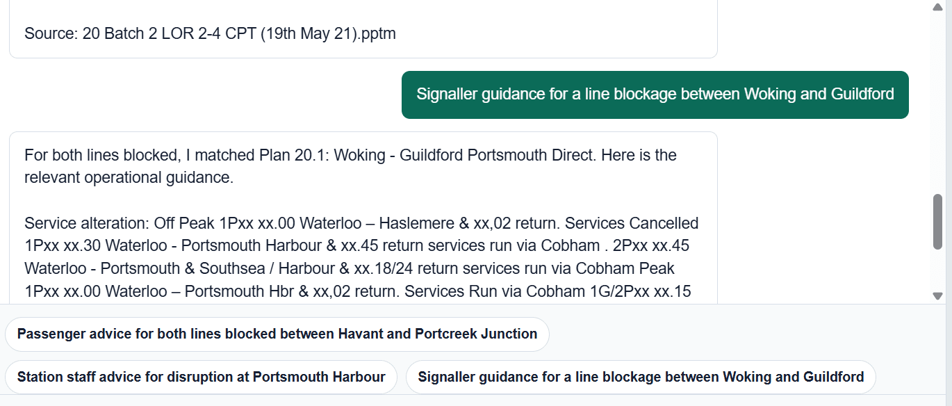 Railway chatbot showing signaller guidance for a line blockage between Woking and Guildford